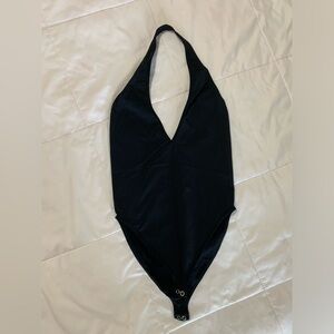 Black open back halter top bodysuit